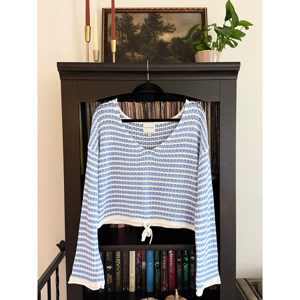 Coastal Grandmother Striped Open Knit Sweater Large Blue White Cropped Tie Hem